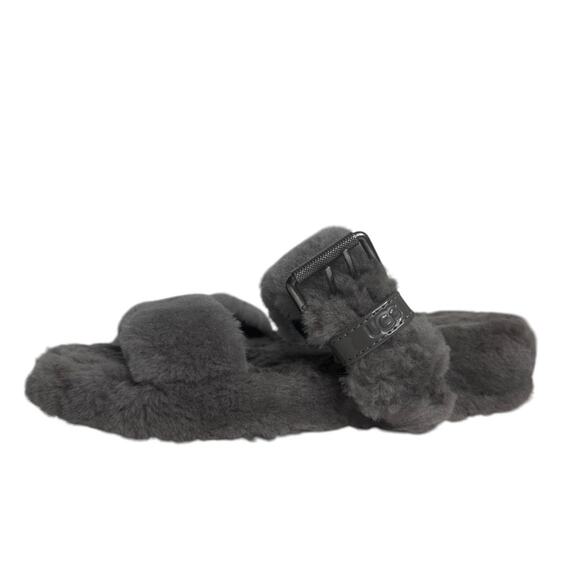 Ugg‎ Fuzz Yeah Slippers Gray Shearling Fuzzy Slide Big Buckle Sandals Women’s 9 - Picture 1 of 9